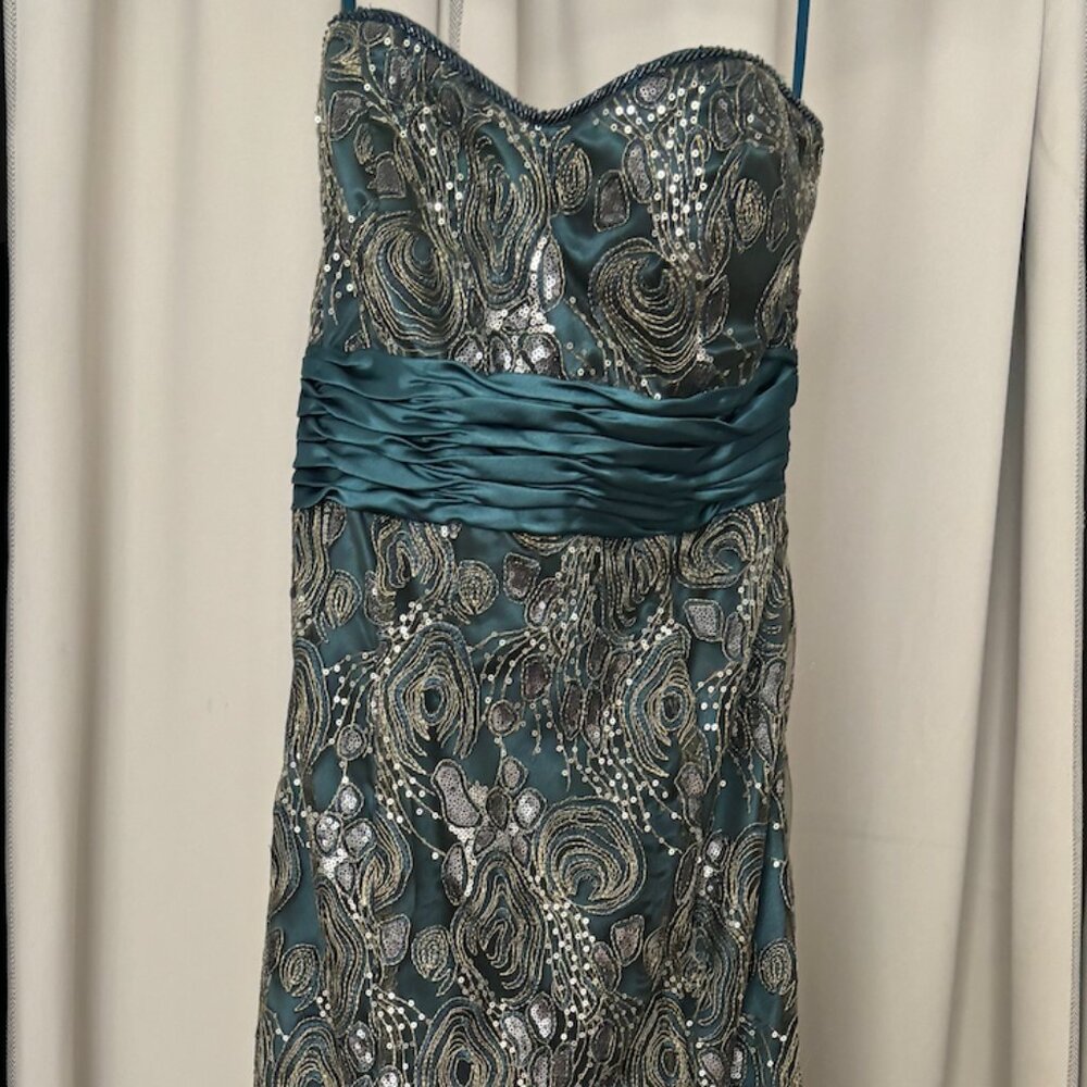 Sequined satin fitted strapless gown with fitted bodice and trumpet hem.